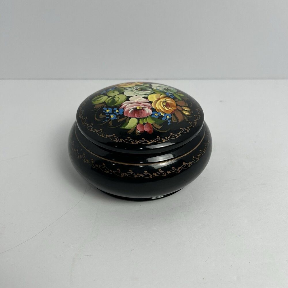 Vintage Russian Black Lacquer Hand Painted Floral Trinket Box Round 3"